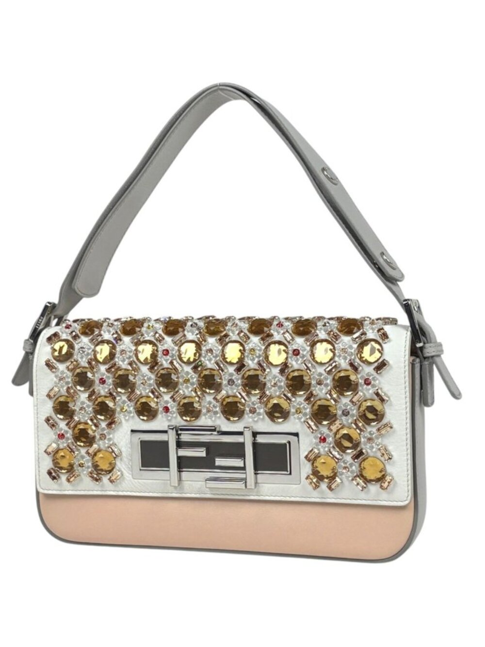 Fendi Shoulder Bag 3 Tre Bucket Rhinestone Bijou Leather White Pink 8 BR